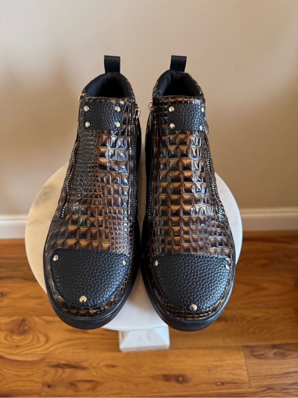 New Men's Black Caballero Studded Leather Zip-Front Shoes